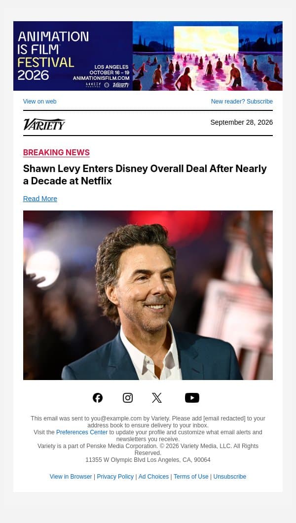Shawn Levy Enters Disney Overall Deal After Nearly a Decade at Netflix email from Variety screenshot