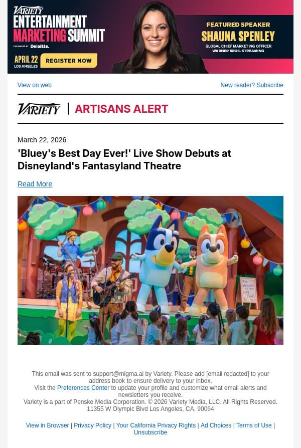 'Bluey's Best Day Ever!' Live Show Debuts at Disneyland's Fantasyland Theatre email from Variety screenshot
