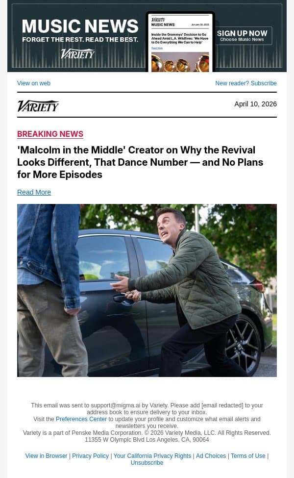 'Malcolm in the Middle' Creator on Why the Revival Looks Different, That Dance Number — and No Plans for More Episodes email from Variety screenshot