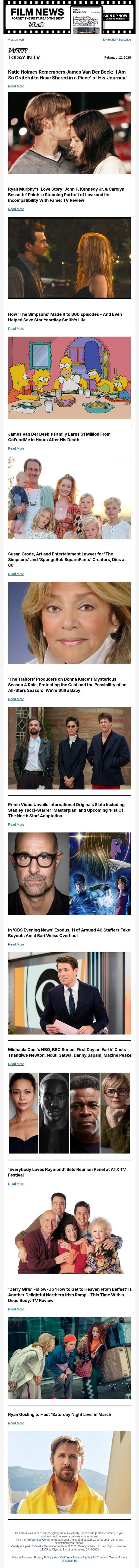 James Van Der Beek Remembered by Katie Holmes; 'Love Story: John F. Kennedy Jr. & Carolyn Bessette' Review; How 'The Simpsons' Made It to 800 Episodes email from Variety screenshot