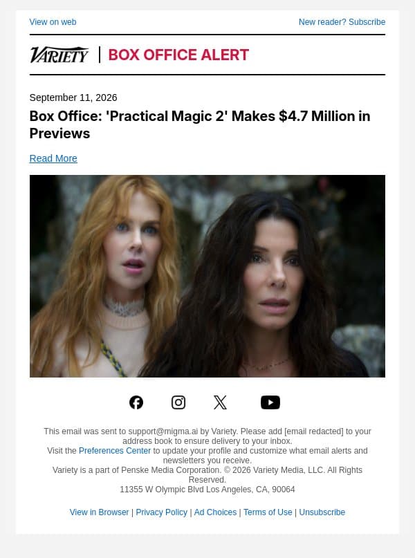 Box Office: 'Practical Magic 2' Makes $4.7 Million in Previews email from Variety screenshot