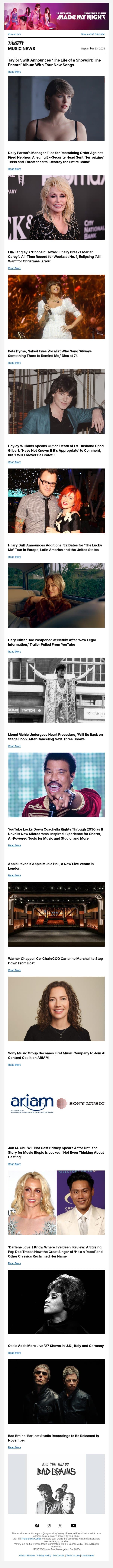 Taylor Swift to Release 'Showgirl Encore' Edition; Dolly Parton Manager Seeks Restraining Order Against Nephew/Ex-Security Head; Ella Langley Beats Mariah's All-Time Hot 100 Record email from Variety screenshot