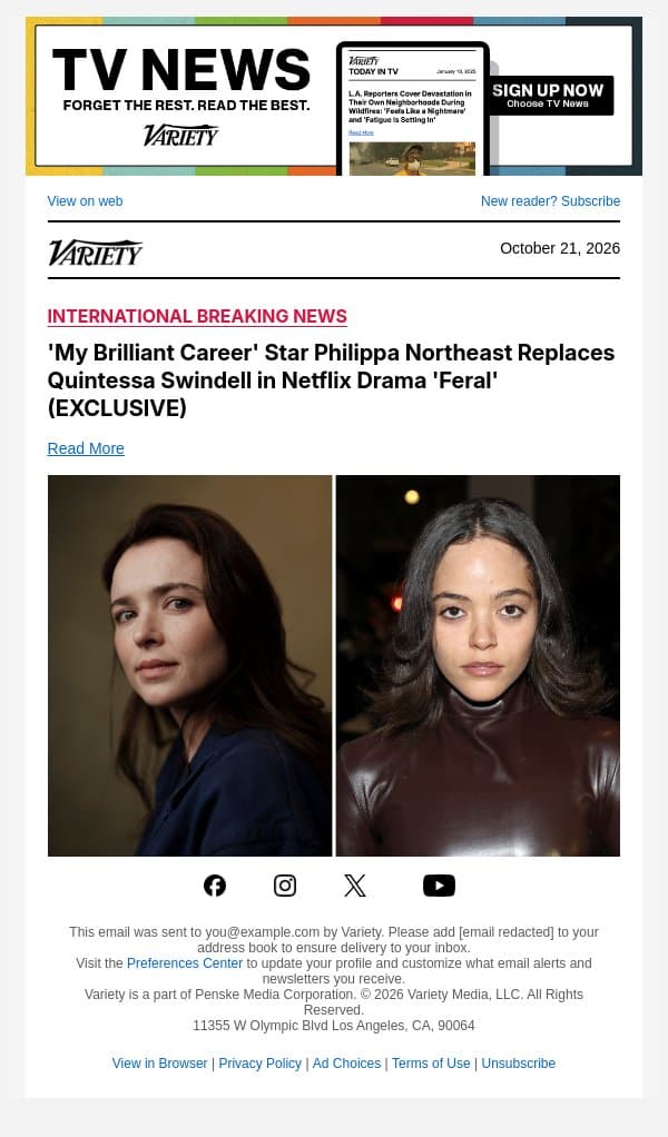 'My Brilliant Career' Star Philippa Northeast Replaces Quintessa Swindell in Netflix Drama 'Feral' (EXCLUSIVE) email from Variety screenshot