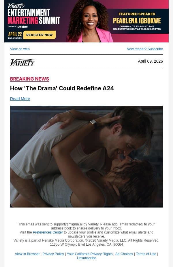 How 'The Drama' Could Redefine A24 email from Variety screenshot