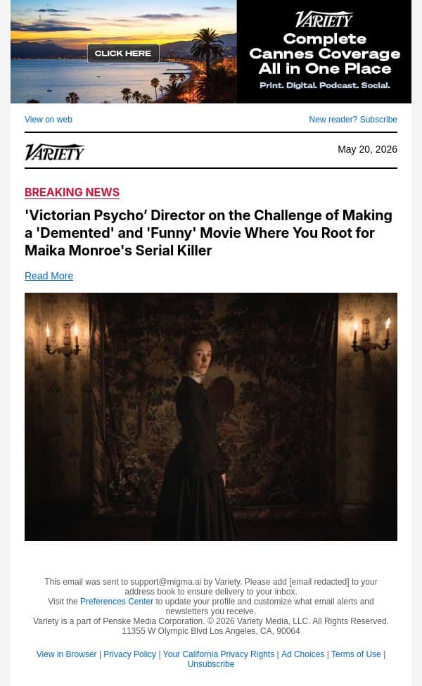 'Victorian Psycho’ Director on the Challenge of Making a 'Demented' and 'Funny' Movie Where You Root for Maika Monroe's Serial Killer email from Variety screenshot