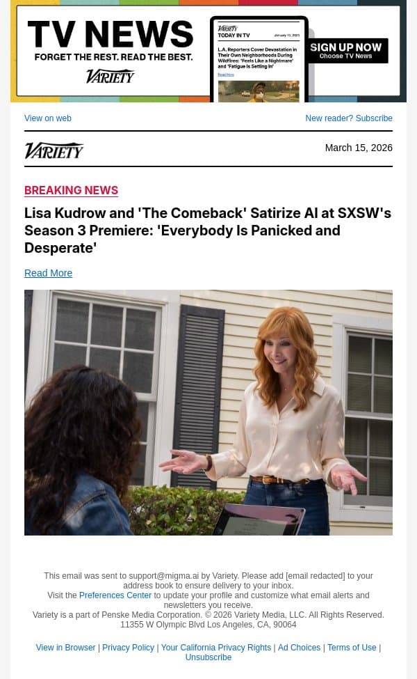 Lisa Kudrow and 'The Comeback' Satirize AI at SXSW's Season 3 Premiere: 'Everybody Is Panicked and Desperate' email from Variety screenshot