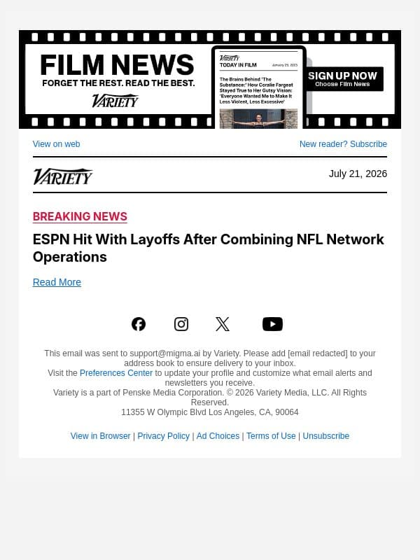 ESPN Hit With Layoffs After Combining NFL Network Operations email from Variety screenshot