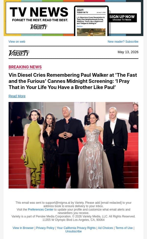 Vin Diesel Cries Remembering Paul Walker at 'The Fast and the Furious' Cannes Midnight Screening: ‘I Pray That in Your Life You Have a Brother Like Paul’ email from Variety screenshot