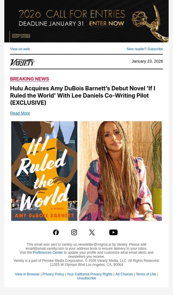 Hulu Acquires Amy DuBois Barnett’s Debut Novel 'If I Ruled the World' With Lee Daniels Co-Writing Pilot (EXCLUSIVE) email from Variety screenshot