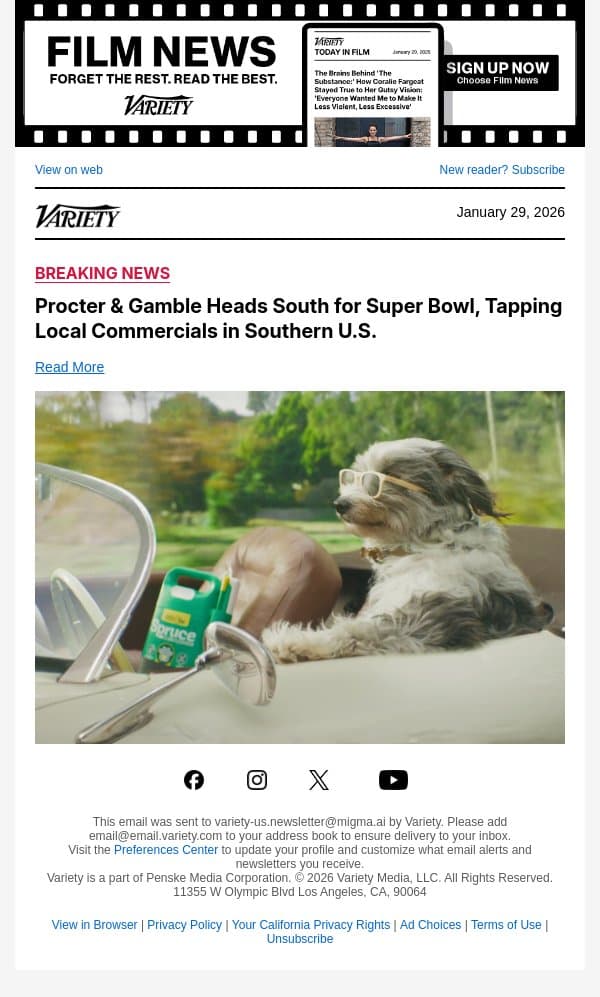 Procter and Gamble Heads South for Super Bowl, Tapping Local Commercials in Southern U.S. email from Variety screenshot