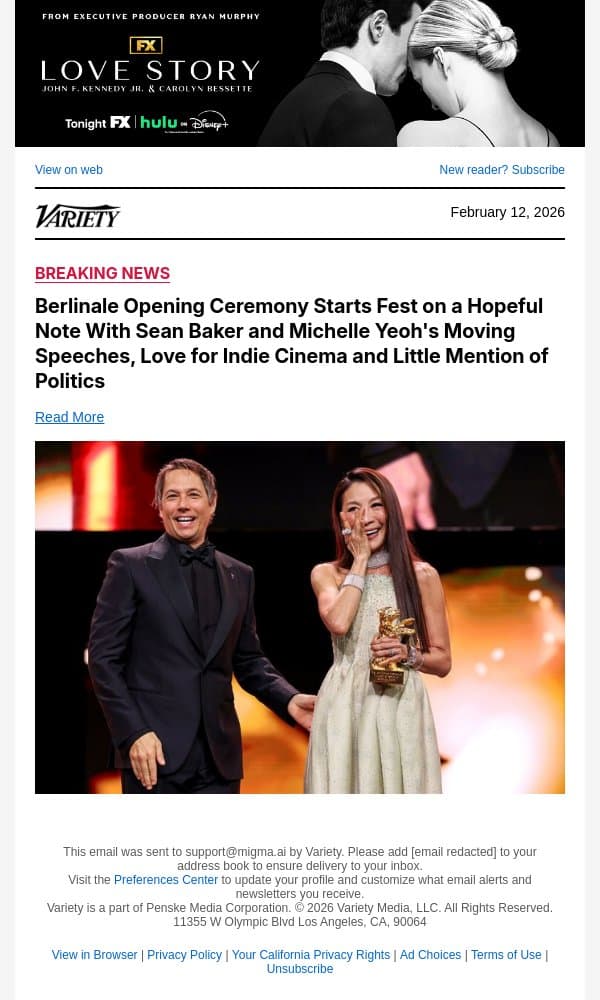 Berlinale Opening Ceremony Starts Fest on a Hopeful Note With Sean Baker and Michelle Yeoh's Moving Speeches, Love for Indie Cinema and Little Mention of Politics email from Variety screenshot