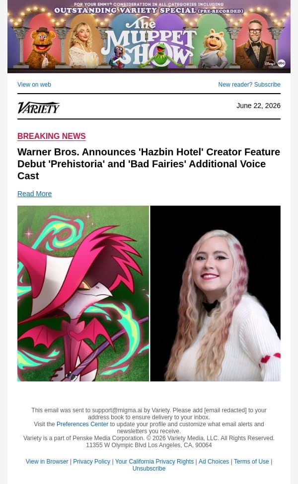 Warner Bros. Announces 'Hazbin Hotel' Creator Feature Debut 'Prehistoria' and 'Bad Fairies' Additional Voice Cast email from Variety screenshot