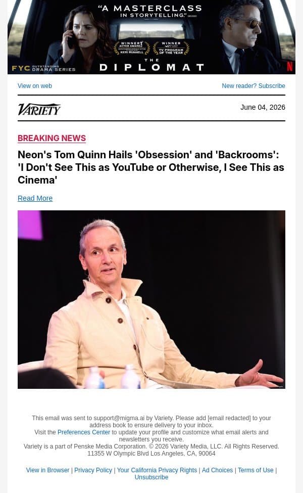 Neon's Tom Quinn Hails 'Obsession' and 'Backrooms': 'I Don't See This as YouTube or Otherwise, I See This as Cinema' email from Variety screenshot