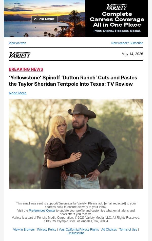 ‘Yellowstone’ Spinoff ‘Dutton Ranch’ Cuts and Pastes the Taylor Sheridan Tentpole Into Texas: TV Review email from Variety screenshot