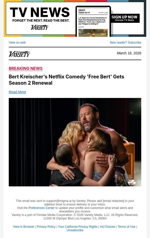 Bert Kreischer's Netflix Comedy 'Free Bert' Gets Season 2 Renewal email from Variety screenshot