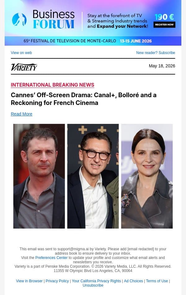 Cannes’ Off-Screen Drama: Canal+, Bolloré and a Reckoning for French Cinema email from Variety screenshot