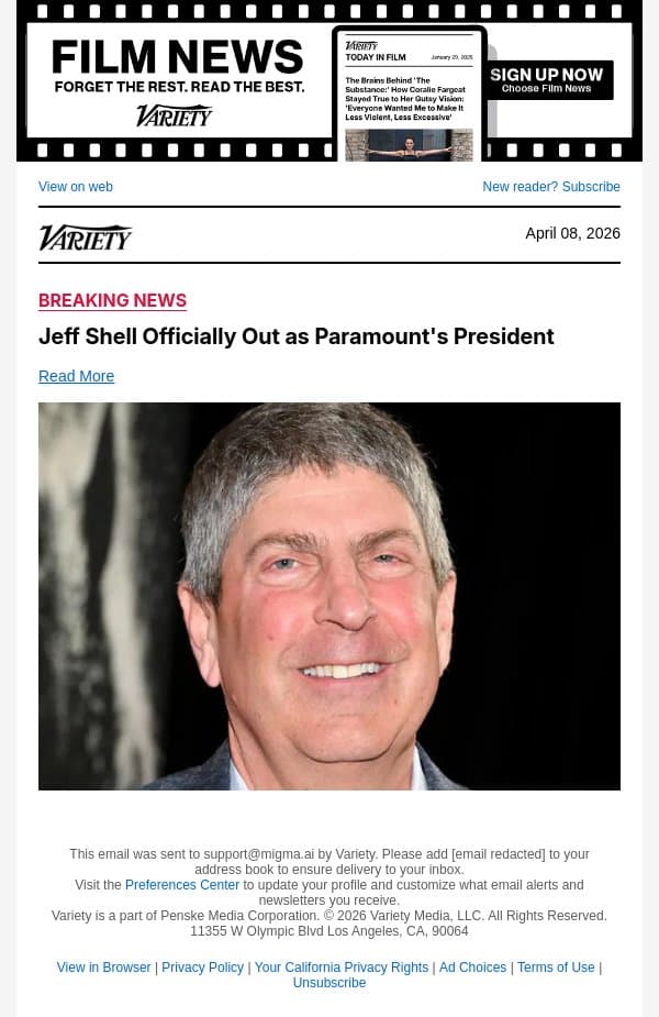 Jeff Shell Officially Out as Paramount's President email from Variety screenshot