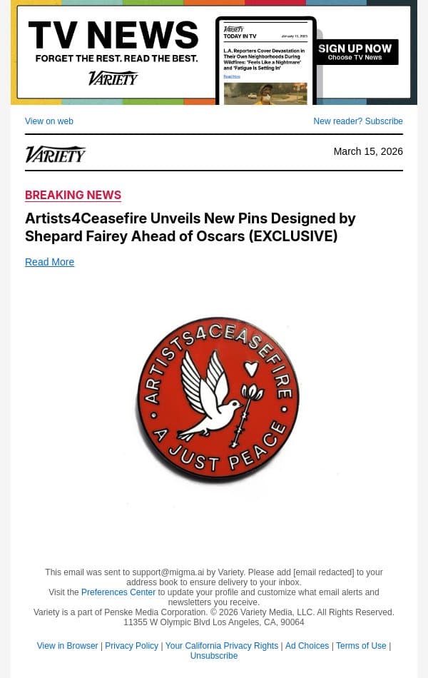 Artists4Ceasefire Unveils New Pins Designed by Shepard Fairey Ahead of Oscars (EXCLUSIVE) email from Variety screenshot
