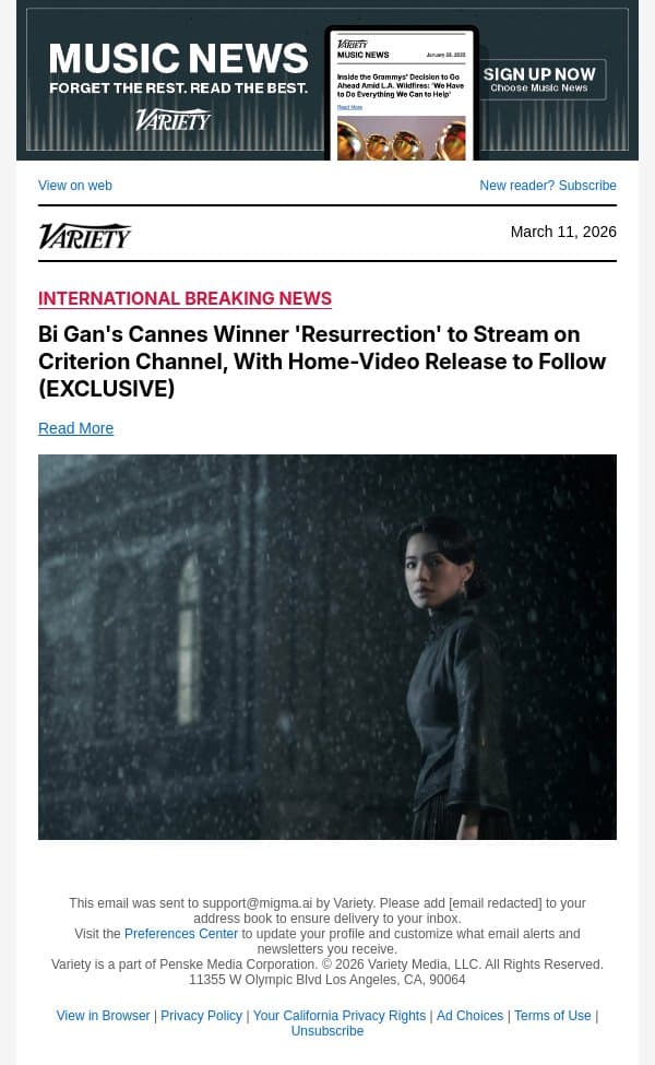 Bi Gan's Cannes Winner 'Resurrection' to Stream on Criterion Channel, With Home-Video Release to Follow (EXCLUSIVE) email from Variety screenshot