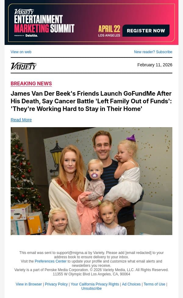 James Van Der Beek's Friends Launch GoFundMe After His Death, Say Cancer Battle 'Left Family Out of Funds': 'They're Working Hard to Stay in Their Home' email from Variety screenshot