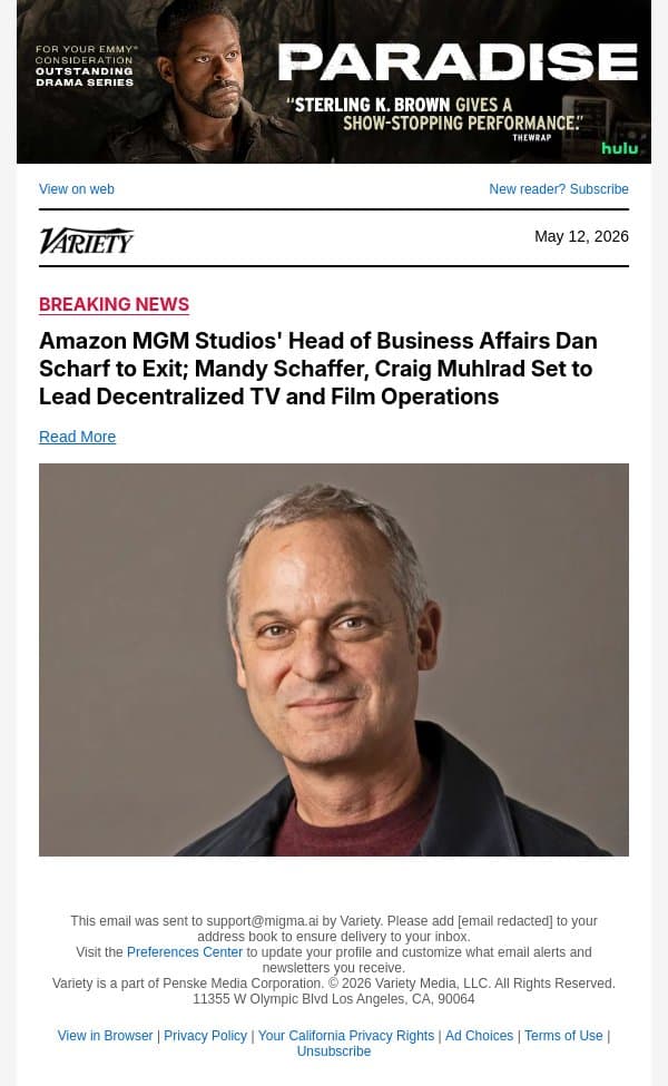 Amazon MGM Studios' Head of Business Affairs Dan Scharf to Exit; Mandy Schaffer, Craig Muhlrad Set to Lead Decentralized TV and Film Operations email from Variety screenshot