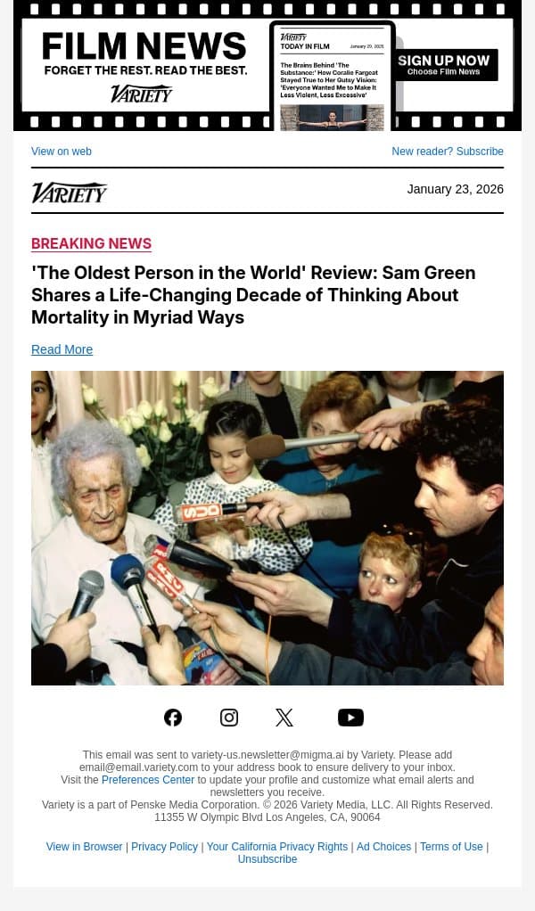 'The Oldest Person in the World' Review: Sam Green Shares a Life-Changing Decade of Thinking About Mortality in Myriad Ways email from Variety screenshot
