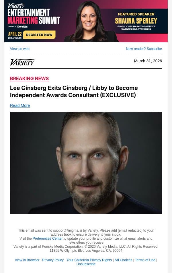 Lee Ginsberg Exits Ginsberg / Libby to Become Independent Awards Consultant (EXCLUSIVE) email from Variety screenshot