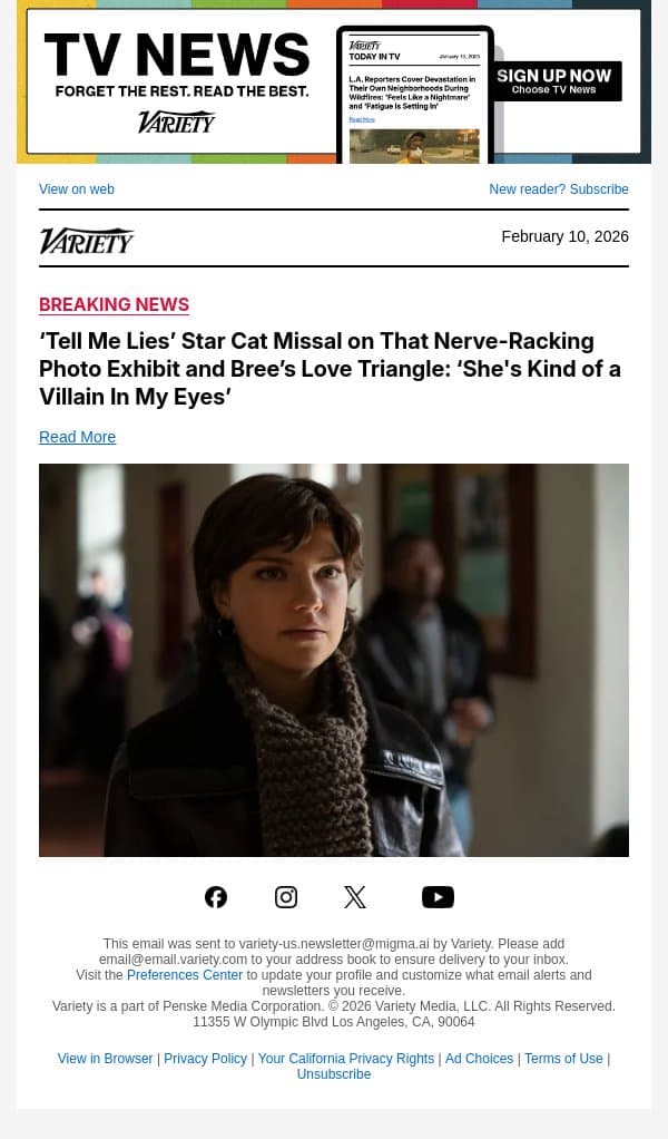 ‘Tell Me Lies’ Star Cat Missal on That Nerve-Racking Photo Exhibit and Bree’s Love Triangle: ‘She's Kind of a Villain In My Eyes’ email from Variety screenshot