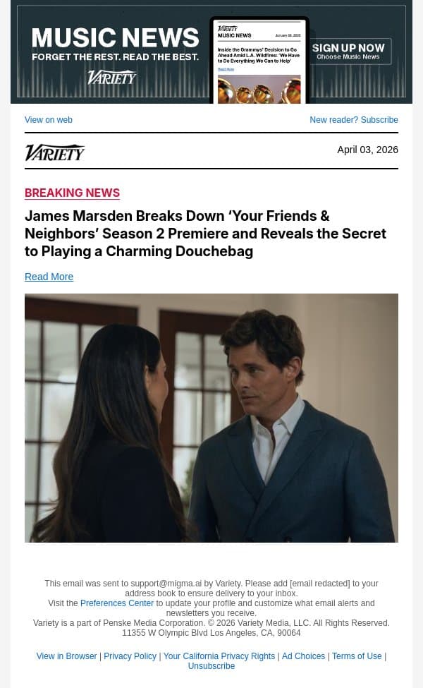 James Marsden Breaks Down ‘Your Friends and Neighbors’ Season 2 Premiere and Reveals the Secret to Playing a Charming Douchebag email from Variety screenshot