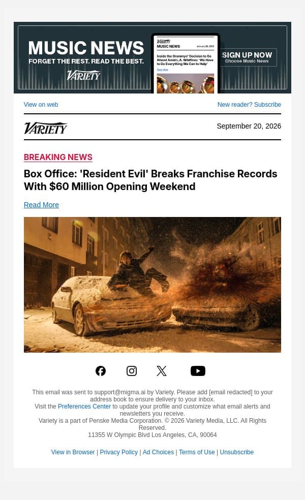 Box Office: 'Resident Evil' Breaks Franchise Records With $60 Million Opening Weekend email from Variety screenshot