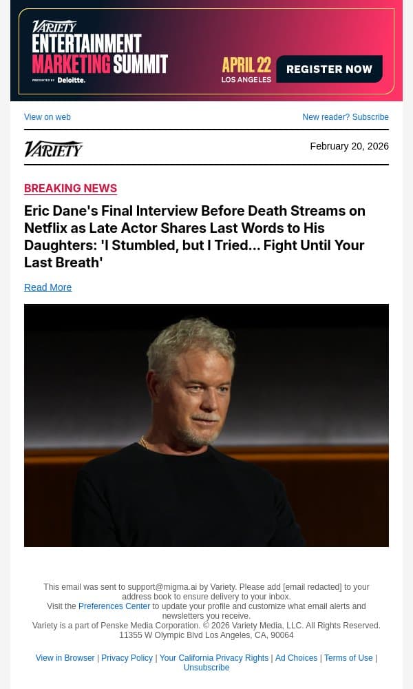 Eric Dane's Final Interview Before Death Streams on Netflix as Late Actor Shares Last Words to His Daughters: 'I Stumbled, but I Tried... Fight Until Your Last Breath' email from Variety screenshot