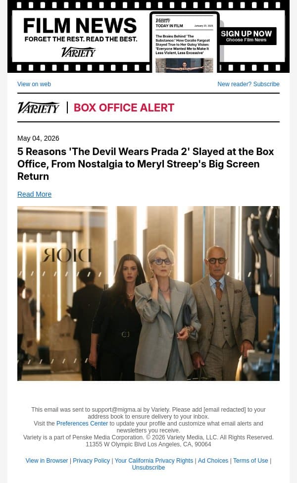 5 Reasons 'The Devil Wears Prada 2' Slayed at the Box Office, From Nostalgia to Meryl Streep's Big Screen Return email from Variety screenshot