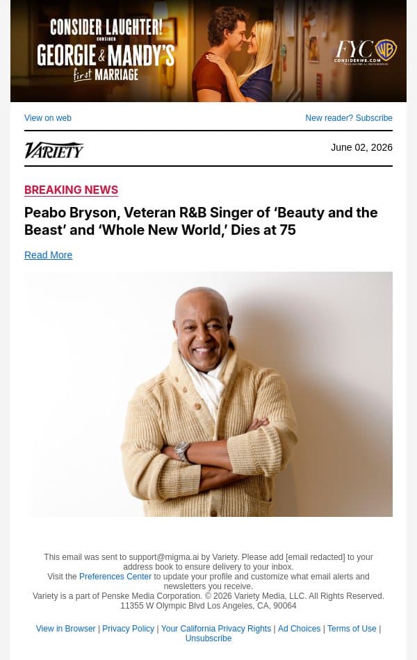 Peabo Bryson, Veteran R&B Singer of ‘Beauty and the Beast’ and ‘Whole New World,’ Dies at 75 email from Variety screenshot