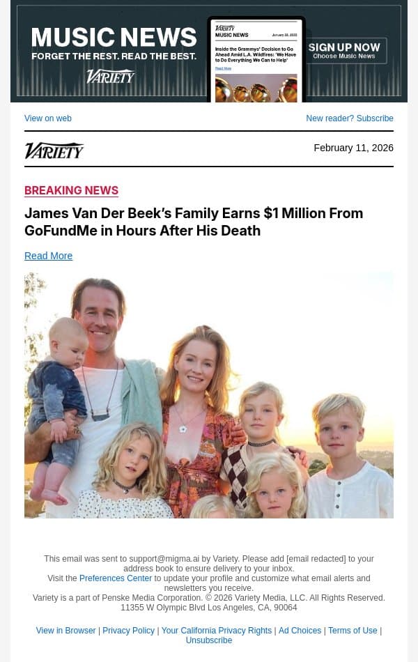 James Van Der Beek’s Family Earns $1 Million From GoFundMe in Hours After His Death email from Variety screenshot