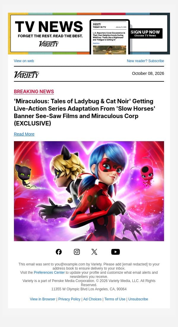 'Miraculous: Tales of Ladybug & Cat Noir' Getting Live-Action Series Adaptation From 'Slow Horses' Banner See-Saw Films and Miraculous Corp (EXCLUSIVE) email from Variety screenshot