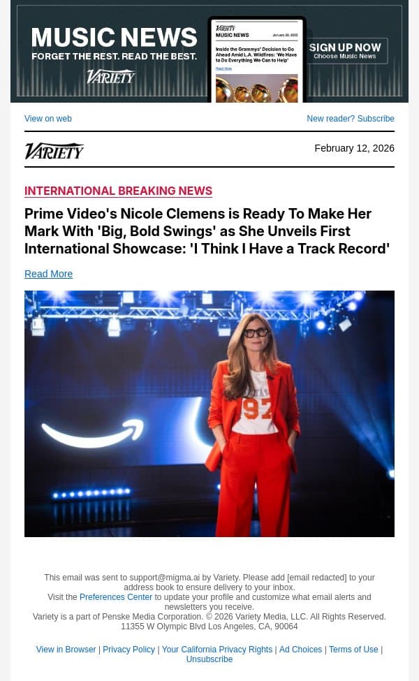 Prime Video's Nicole Clemens is Ready To Make Her Mark With 'Big, Bold Swings' as She Unveils First International Showcase: 'I Think I Have a Track Record' email from Variety screenshot