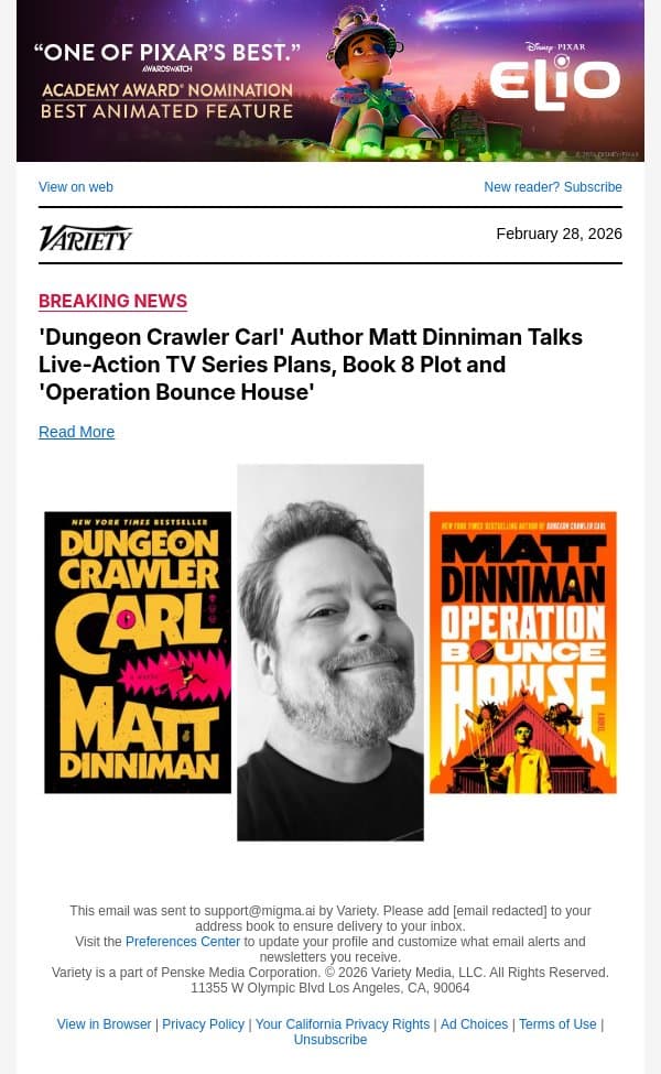 'Dungeon Crawler Carl' Author Matt Dinniman Talks Live-Action TV Series Plans, Book 8 Plot and 'Operation Bounce House' email from Variety screenshot