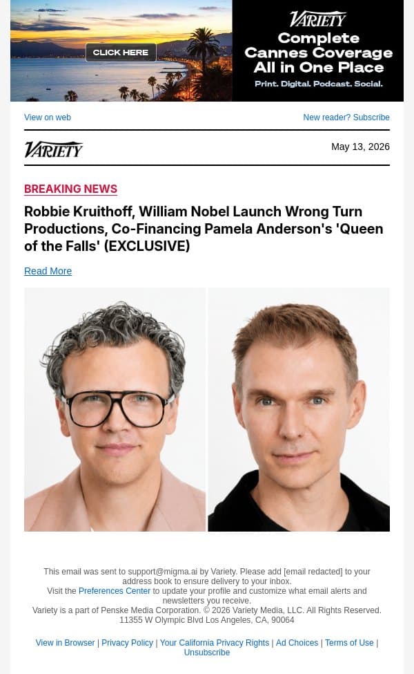 Robbie Kruithoff, William Nobel Launch Wrong Turn Productions, Co-Financing Pamela Anderson's 'Queen of the Falls' (EXCLUSIVE) email from Variety screenshot