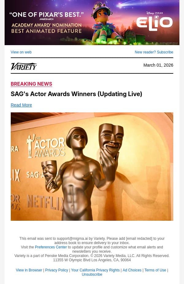 Jessie Buckley Wins Actor Award for Lead Actress email from Variety screenshot