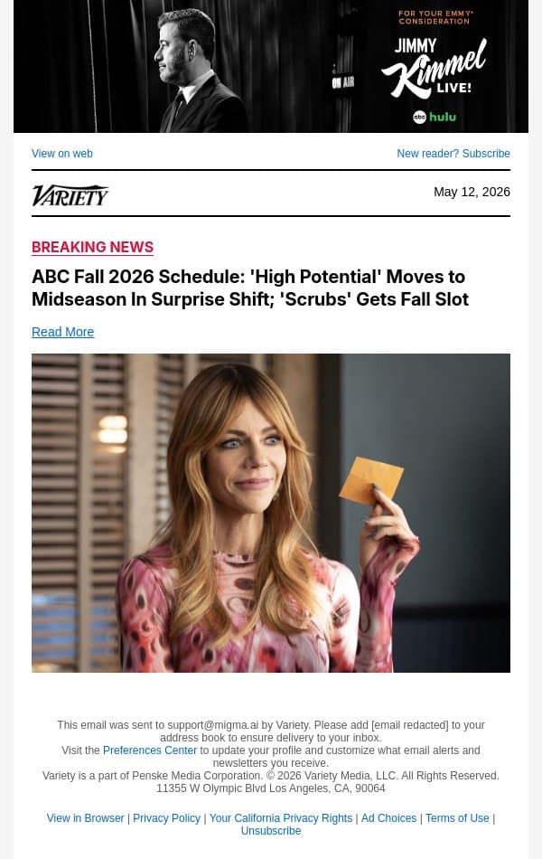 ABC Fall 2026 Schedule: 'High Potential' Moves to Midseason In Surprise Shift; 'Scrubs' Gets Fall Slot email from Variety screenshot