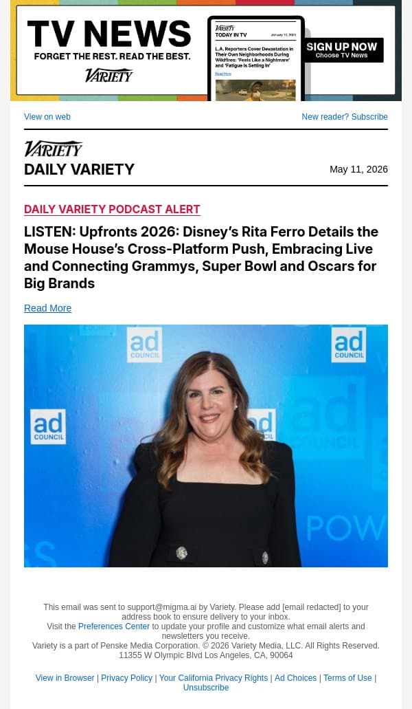 LISTEN: Upfronts 2026: Disney’s Rita Ferro Details the Mouse House’s Cross-Platform Push, Embracing Live and Connecting Grammys, Super Bowl and Oscars for Big Brands email from Variety screenshot