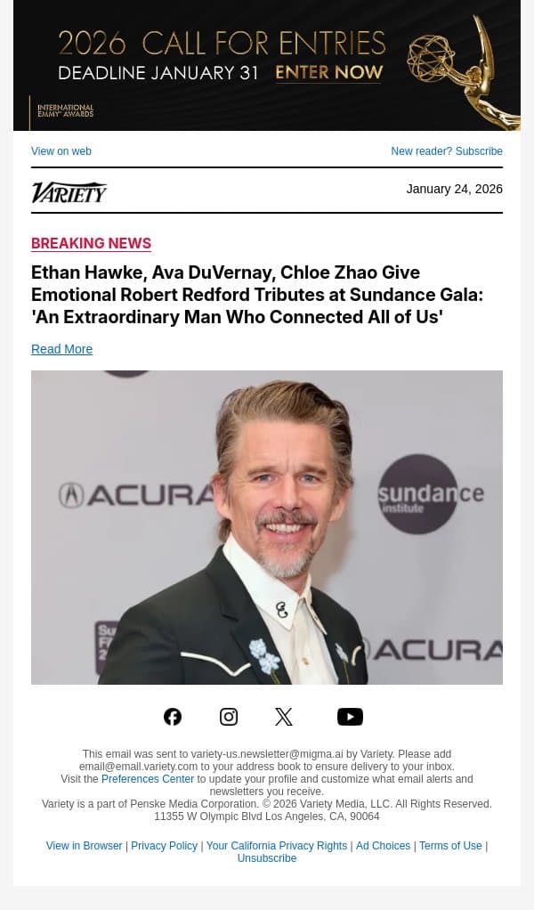 Ethan Hawke, Ava DuVernay, Chloe Zhao Give Emotional Robert Redford Tributes at Sundance Gala: 'An Extraordinary Man Who Connected All of Us' email from Variety screenshot