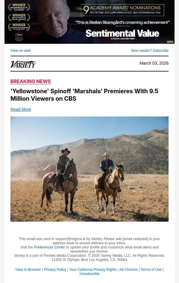 'Yellowstone' Spinoff 'Marshals' Premieres With 9.5 Million Viewers on CBS email from Variety screenshot