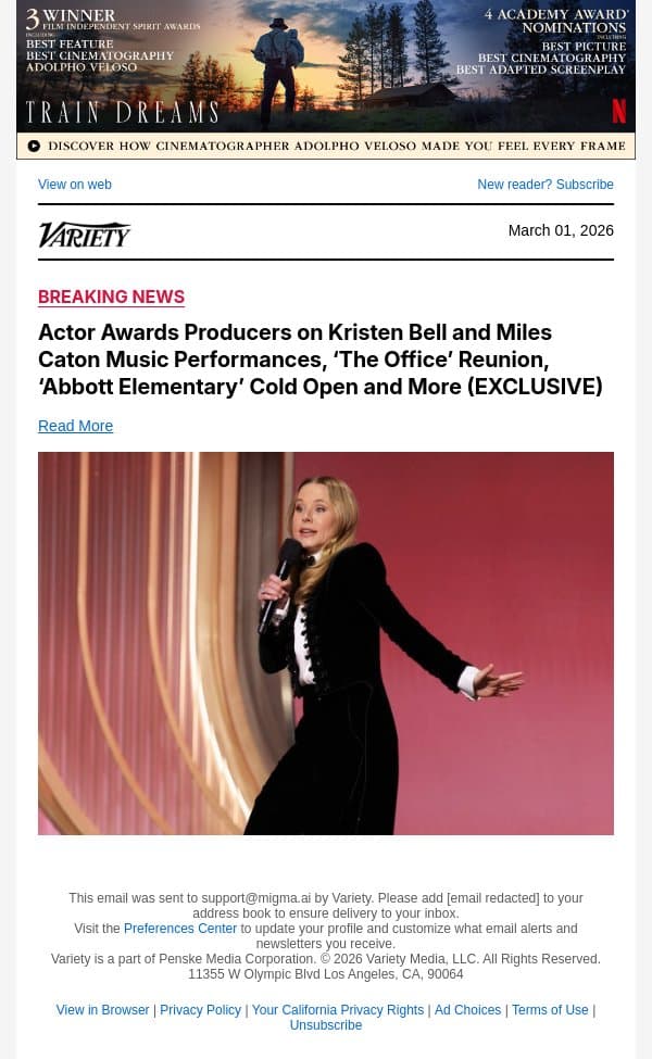Actor Awards Producers on Kristen Bell and Miles Caton Music Performances, ‘The Office’ Reunion, ‘Abbott Elementary’ Cold Open and More (EXCLUSIVE) email from Variety screenshot