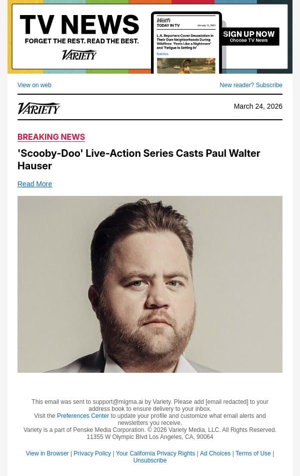 'Scooby-Doo' Live-Action Series Casts Paul Walter Hauser email from Variety screenshot