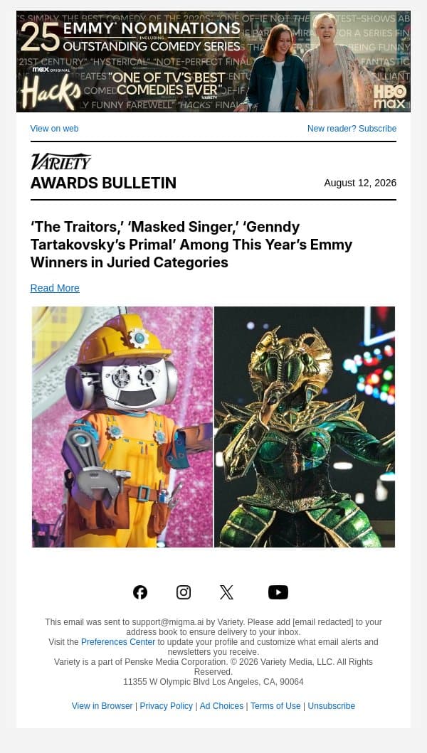 ‘The Traitors,’ ‘Masked Singer,’ ‘Genndy Tartakovsky’s Primal’ Among This Year’s Emmy Winners in Juried Categories email from Variety screenshot