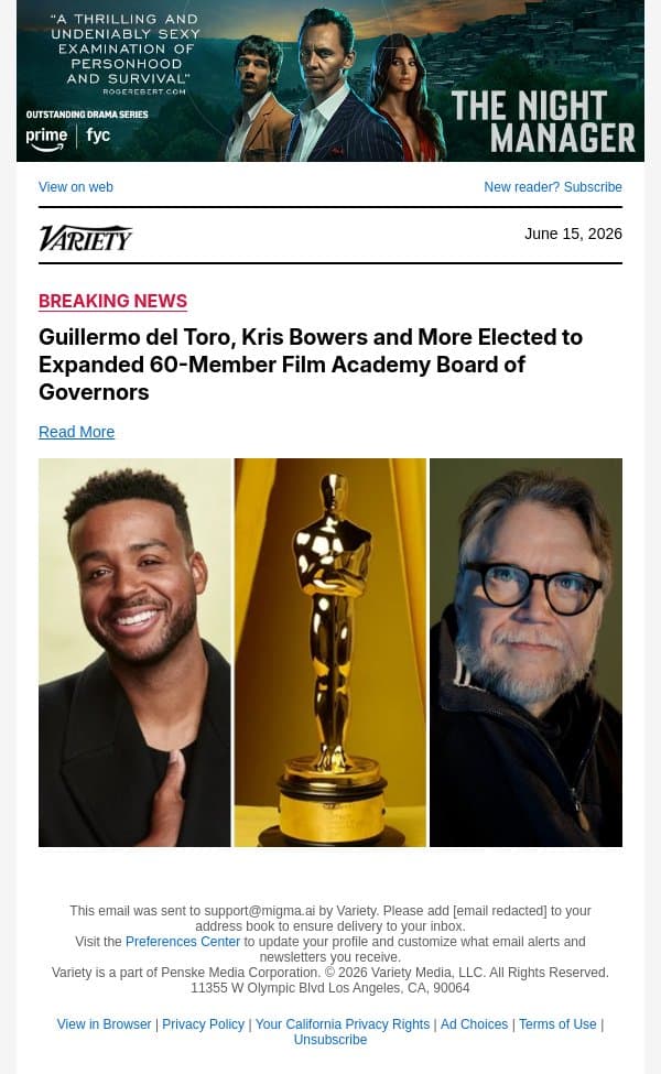 Guillermo del Toro, Kris Bowers and More Elected to Expanded 60-Member Film Academy Board of Governors email from Variety screenshot