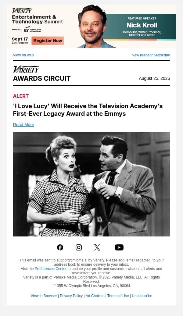'I Love Lucy' Will Receive the Television Academy's First-Ever Legacy Award at the Emmys email from Variety screenshot
