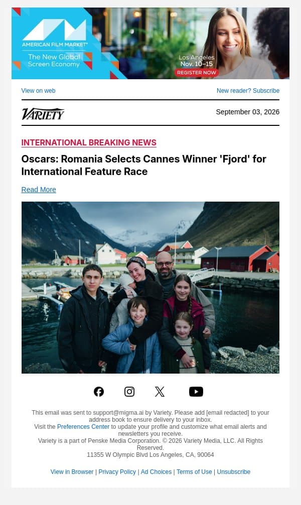 Oscars: Romania Selects Cannes Winner 'Fjord' for International Feature Race email from Variety screenshot