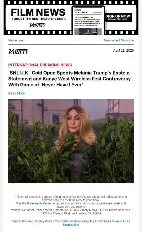 'SNL U.K.' Cold Open Spoofs Melania Trump's Epstein Statement and Kanye West Wireless Fest Controversy With Game of 'Never Have I Ever' email from Variety screenshot